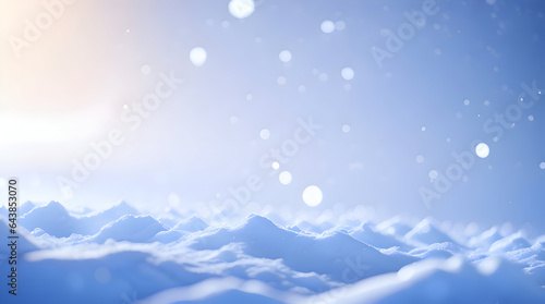 Snow surface close-up. Winter background with snow texture and beautiful bokeh. Shallow depth of field and blur.
