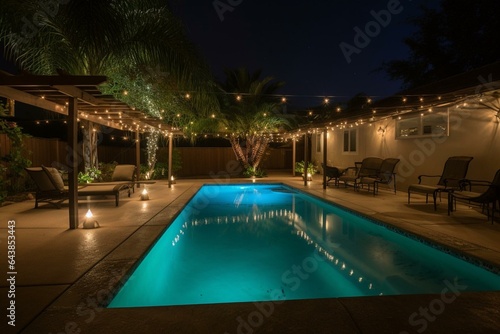 Luxurious pool and cozy outdoor seating, ideal for relaxing during summer nights. Generative AI © Tarek