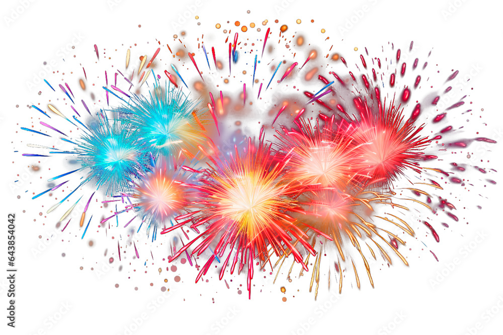 Colorful fireworks over isolated transparent background. Sparkling fireworks to celebrate, new year, anniversary party concept. - obrazy, fototapety, plakaty 