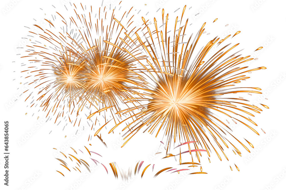 Fototapeta premium Golden fireworks over isolated transparent background. Sparkling fireworks to celebrate, new year, anniversary party concept.