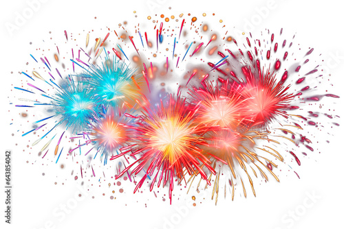 Colorful fireworks over isolated transparent background. Sparkling fireworks to celebrate, new year, anniversary party concept.
