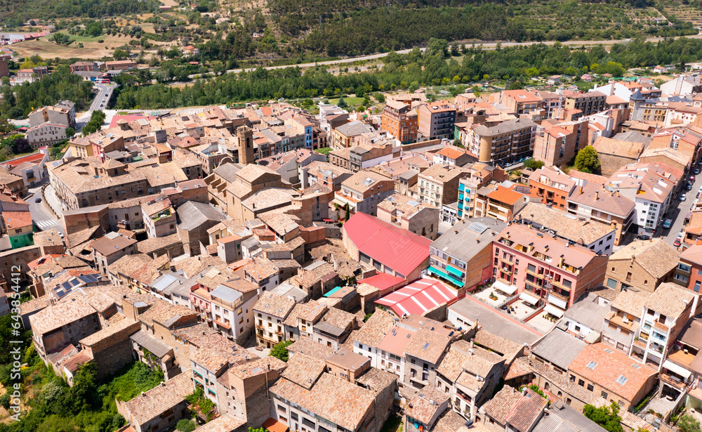 Bird's eye view of La Pobla de Segur, town in comarca of Pallars Jussa, province of Lleida, Catalonia, Spain.