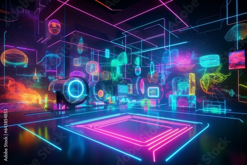 Vibrant 3D rendering of an energy-powered metaverse with neon colors and internet connectivity. Generative AI