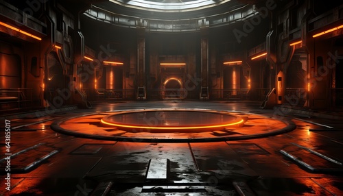 sci fi studio stage set in a dark, cyberpunk garage.polished concrete tiled floor in vivid orange