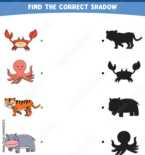 vector illustration finding the correct shadow wild animals crab octopus tiger hippopotamus printable
