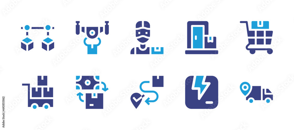 Delivery icon set. Duotone color. Vector illustration. Containing door delivery, delivery box, fast delivery, delivery truck, drone delivery, delivery man, cash on delivery, delivery, route, trolley.