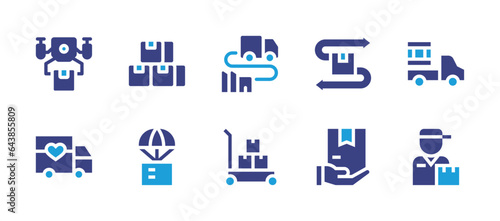 Delivery icon set. Duotone color. Vector illustration. Containing delivery, delivery truck, logistics delivery, box, distribution, package, cart.