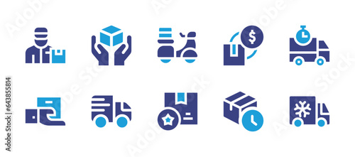 Delivery icon set. Duotone color. Vector illustration. Containing cash on delivery, delivery time, delay, freezer truck, delivery box, food delivery, fast delivery, delivery man, delivery. © Huticon