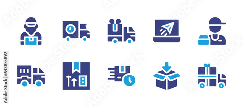 Delivery icon set. Duotone color. Vector illustration. Containing content, delivery boy, box, gift, delivery truck, delivery box, delivery time, delivery courier. © Huticon