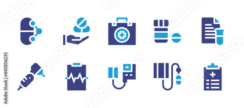 Medical icon set. Duotone color. Vector illustration. Containing hospital, health report, drug, medicine, dental drill, cardiogram, first aid kit, blood pressure meter, pill, tensiometer. © Huticon