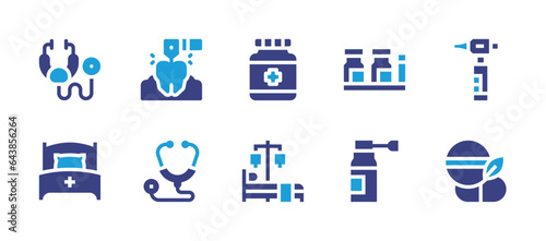 Medical icon set. Duotone color. Vector illustration. Containing stethoscope, drill, hospital bed, medicine, pills, otoscope.