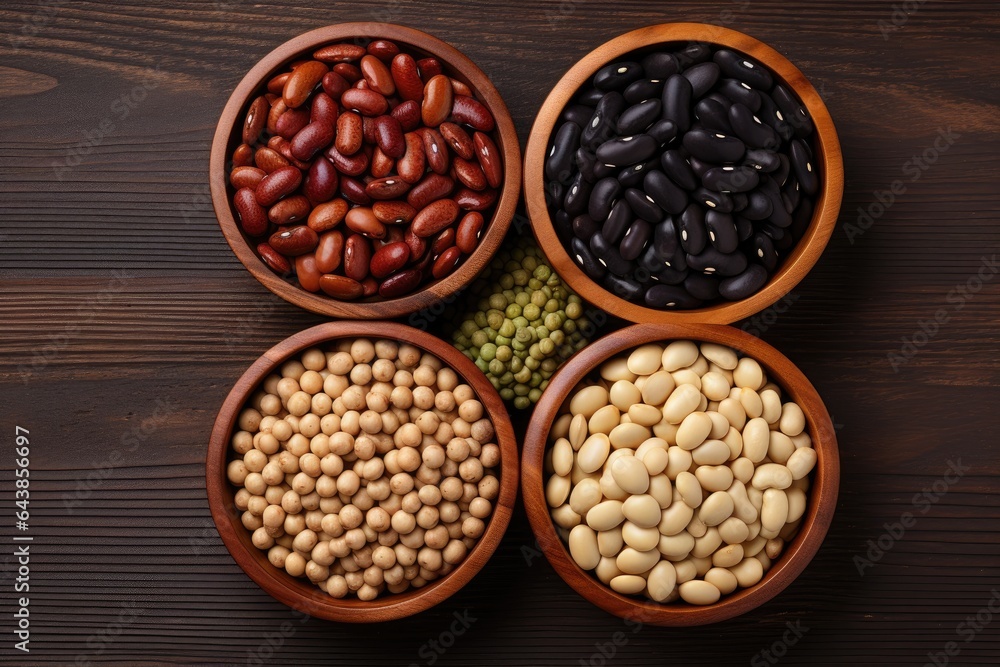 Top view of assorted beans in a wooden bowl on a wooden table