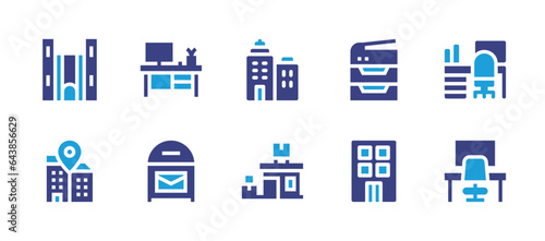 Office icon set. Duotone color. Vector illustration. Containing architectonic, desk, workplace, office, post office, office building, photocopier, workspace.