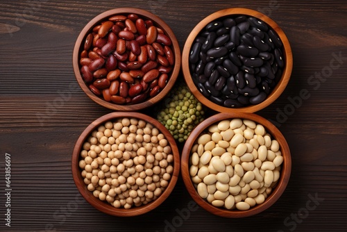 Top view of assorted beans in a wooden bowl on a wooden table