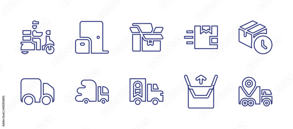 Delivery line icon set. Editable stroke. Vector illustration. Containing food delivery, doorstep delivery, delivery, quick delivery, delay, delivery truck, cardboard, shipping, transport, open box.