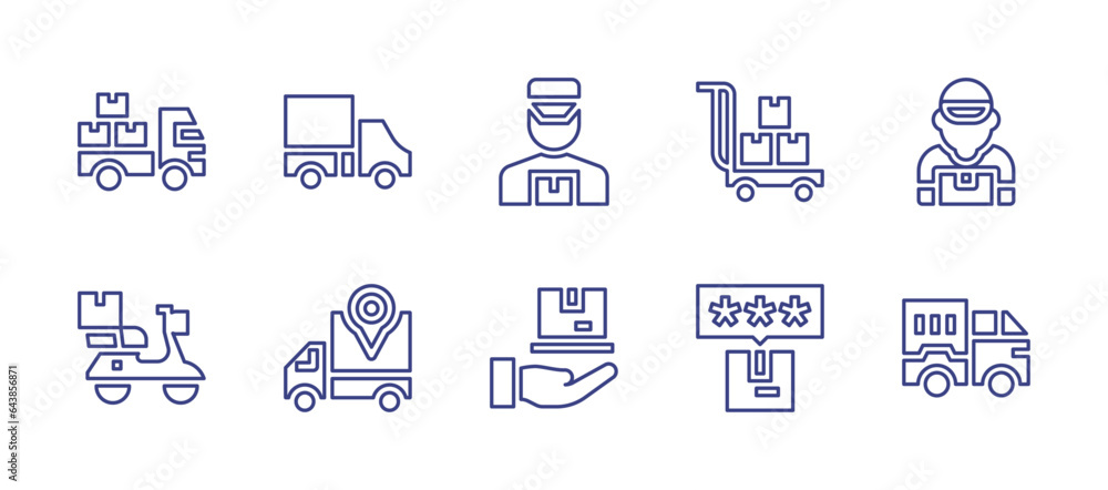 Delivery line icon set. Editable stroke. Vector illustration. Containing delivery truck, delivery man, delivery, delivery bike, delivery cart, delivery courier, delivery box.
