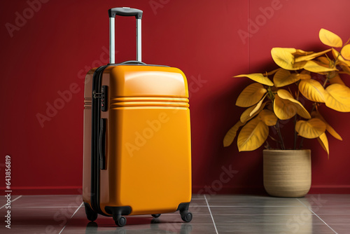 Yellow Travel Suitcase on Red Background