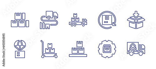Delivery line icon set. Editable stroke. Vector illustration. Containing box, delivery, cargo truck, shipping, inventory, supply, distribution, package, cart.