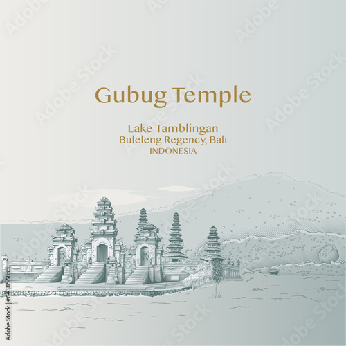 Gubug Temple in Bali, Indonesia., crosshatch vintage illustration photo