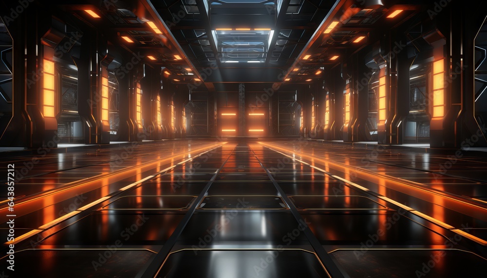 sci fi studio stage set in a dark, cyberpunk garage.polished concrete tiled floor in vivid orange