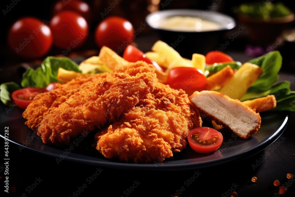 Crispy chicken cutlets with potatoes and vegetables on black plate Crispy chicken cutlets with potatoes and vegetables on black plate