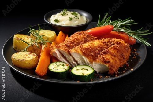 Crispy chicken cutlets with potatoes and vegetables on black plate