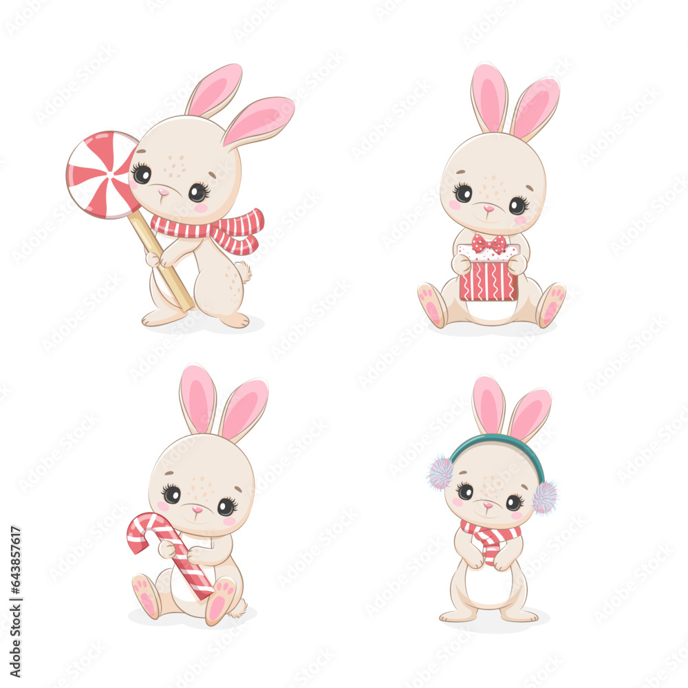 Merry Christmas And Happy New Year with cute little bunny. Rabbit with candies and present. Merry Christmas And Happy New Year with cute little bunny. Rabbit with candies and present.