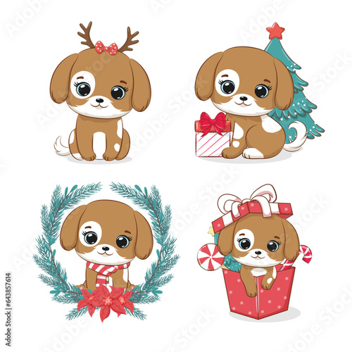 Merry Christmas or New Year card. Cute puppy in present box and candies. Vector illustration.