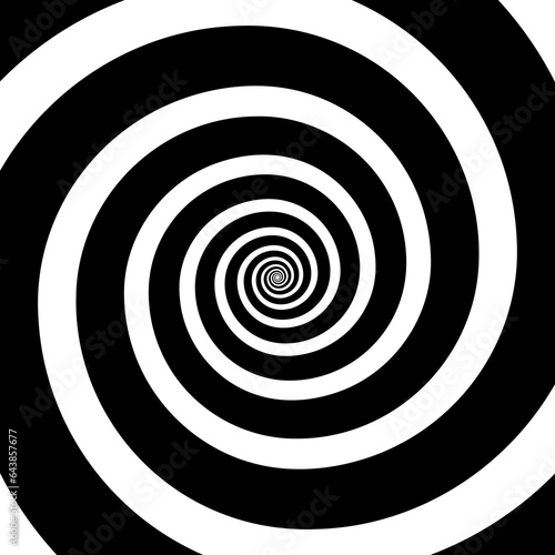 Hypnotic spirals background. Radial optical illusion. Black and white swirl tunnel wallpaper. Spinning concentric curves. Vortex, whirlpool or helix design for poster, banner, flyer. Vector