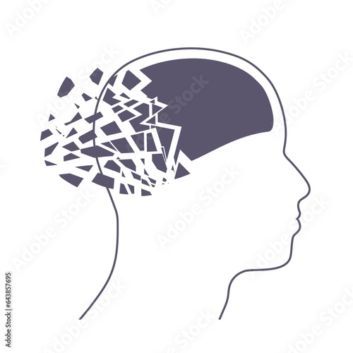 Dementia, memory loss, amnesia concept. Brain damage, cognitive disfunction. Alzheimers disease. Illustration of a human head profile with brain broken into pieces. Mental, psychological illness