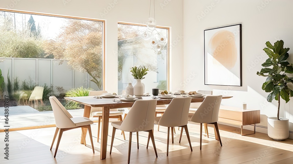 Serene Elegance: A Minimalist Dining Room Awash in Natural Light. Generative AI 5