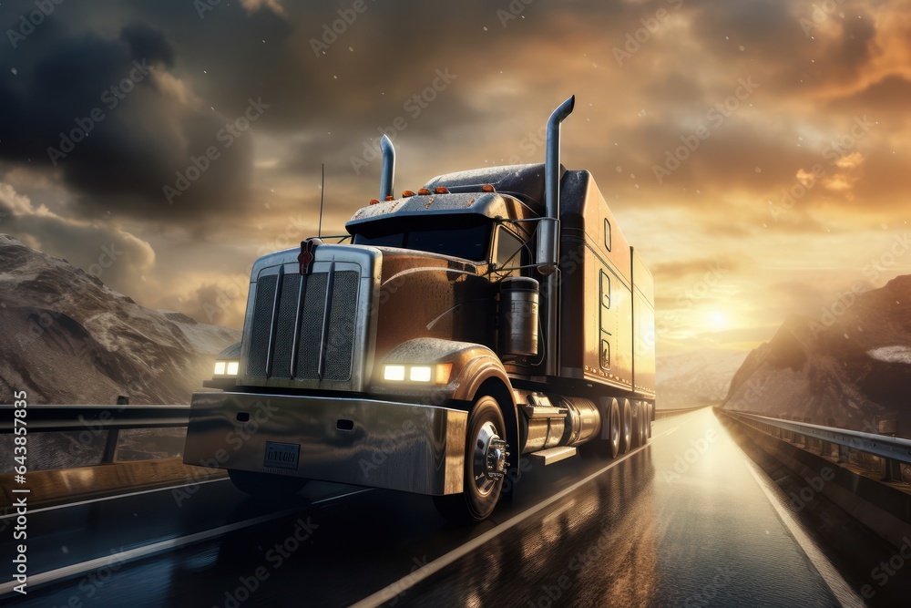 Truck driving on the asphalt road in rural landscape with dark clouds. Road freight transportation as a key moment in the development of the economy. Delivery of goods and mail. Truck driving on the asphalt road in rural landscape with dark clouds. Road freight transportation as a key moment in the development of the economy. Delivery of goods and mail.