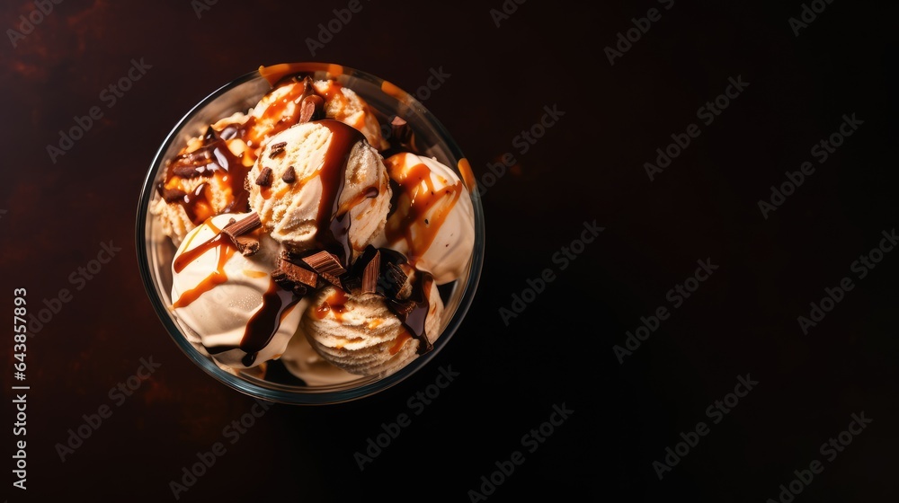 Bowl of ice cream with chocolate on brown background, closeup Bowl of ice cream with chocolate on brown background, closeup