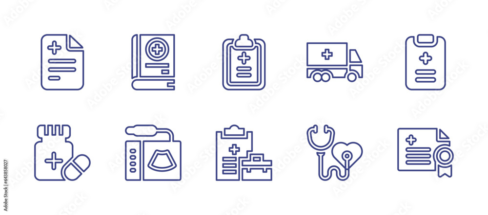 Medical line icon set. Editable stroke. Vector illustration. Containing medical report, pills, check up, health, delivery, health check, medical certificate, medical book, ultrasound.