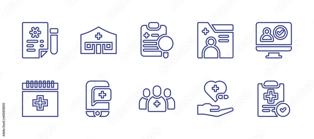 Medical line icon set. Editable stroke. Vector illustration. Containing diagnostic, medical records, medical team, treatment, information, health checkup, test results, tent, blood, health.