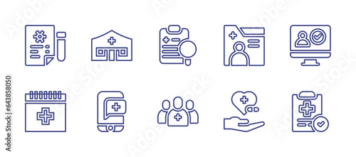Medical line icon set. Editable stroke. Vector illustration. Containing diagnostic, medical records, medical team, treatment, information, health checkup, test results, tent, blood, health.