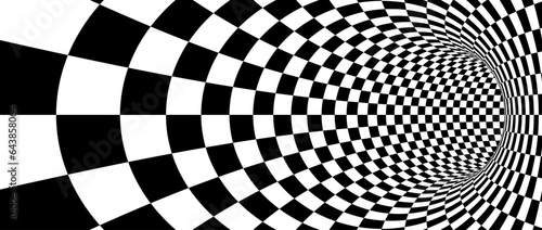Abstract hypnotic warp checkered background. Black and white check wallpaper. Psychedelic twisted square pattern. Rotating cage template for posters, banners, cover. Vector optical illusion