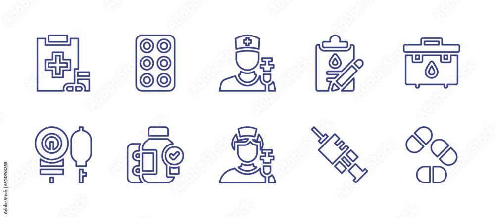 Medical line icon set. Editable stroke. Vector illustration. Containing medication, medications, diagnose, sphygmomanometer, vaccination, diagnosis, first aid kit, pills.