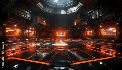 sci fi studio stage set in a dark, cyberpunk garage.polished concrete tiled floor in vivid orange