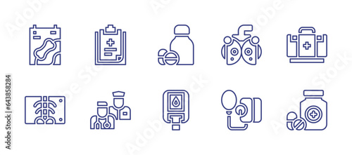 Medical line icon set. Editable stroke. Vector illustration. Containing medical history  medical team  x ray  medication  glucose meter  eye test  first aid kit  hypertension  medicines.