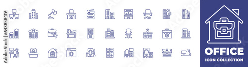 Office line icon collection. Editable stroke. Vector illustration. Containing offices, network, police station, lamp, desk, coexistence, office building, business, boss, pin, briefcase, office.
