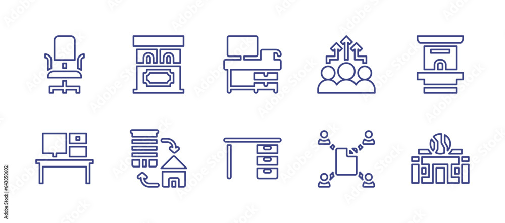 Office line icon set. Editable stroke. Vector illustration. Containing benefits, desk, shared, ticket office, office chair, office, home office.