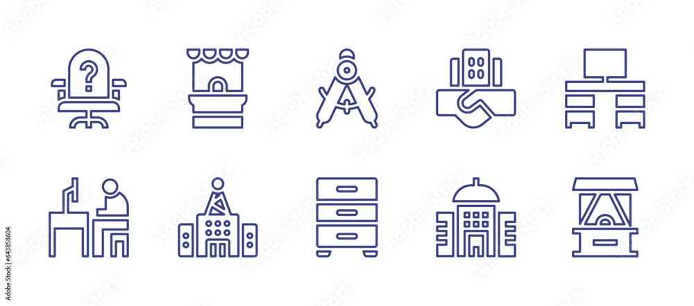 Office line icon set. Editable stroke. Vector illustration. Containing compass, cabinet, deal, office desk, office, ticket office, office chair.