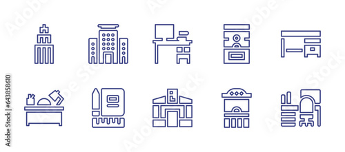Office line icon set. Editable stroke. Vector illustration. Containing desk  office supplies  ticket office  office table  tourist office  office building  building  workspace.