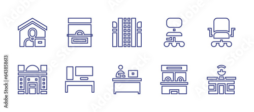 Office line icon set. Editable stroke. Vector illustration. Containing work from home, building, office desk, office chair, ticket office, news office, office, office building.
