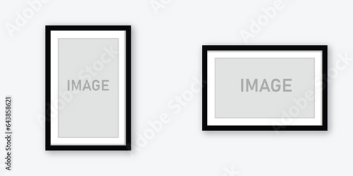 Photo Picture Frames on wall, vector white mockups or empty posters. Empty photo frames mockups for pictures or photograph, realistic 3D blank templates, black frame