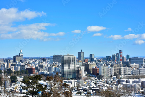 View of Sendai city from Aoba castle ruins in the snow, Japan,Miyagi prefecture,Sendai
