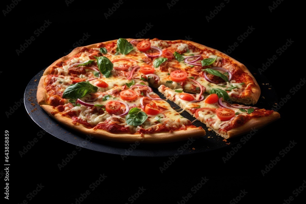 Pizza on a black background. Close-up. Isolated