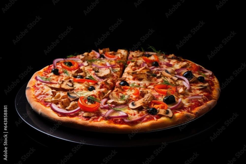 Pizza on a black background. Close-up. Isolated