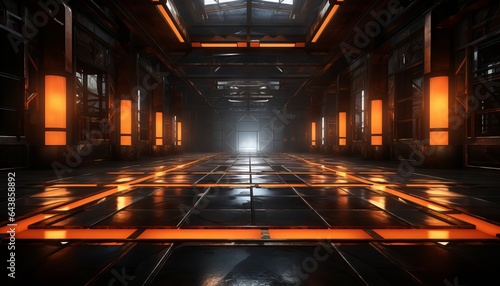 sci fi studio stage set in a dark, cyberpunk garage.polished concrete tiled floor in vivid orange © Nob